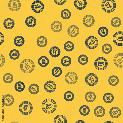 Blue line Coin money with pound sterling symbol icon isolated seamless pattern on yellow background. Banking currency sign. Cash symbol. Vector Illustration