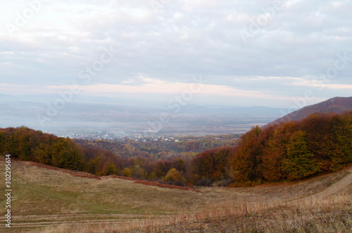 Panoramic view on fog village  Carpathian mountains  Ukraine. Horizontal outdoors shot