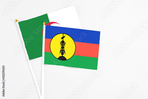 Free Download New Caledonia and Algeria stick flags on white background. High quality fabric, miniature national flag. Peaceful global concept.White floor for copy space. - GFXLoad