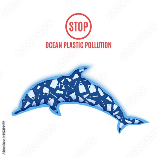 Dolphin inside plastic waste in paper cut style. Poster design template stop ocean plastic pollution. Vector ecological concept. Craft cardboard underwater ocean cave in blue color