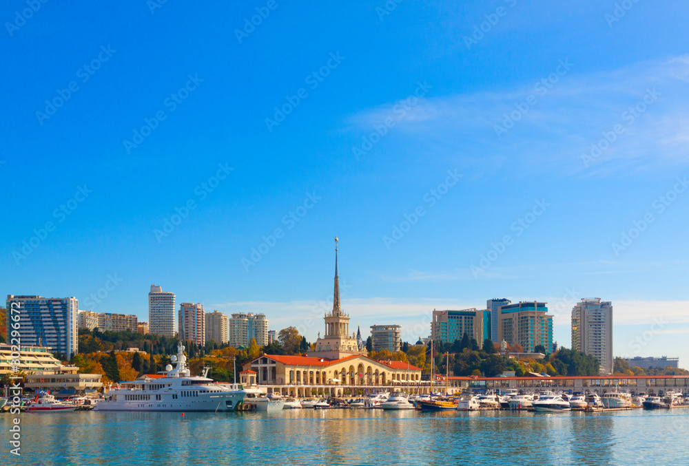 Russia, Sochi, seaport, Sea station, Ships and yachts at the pier. Cityscape of Sochi, autumn 2019