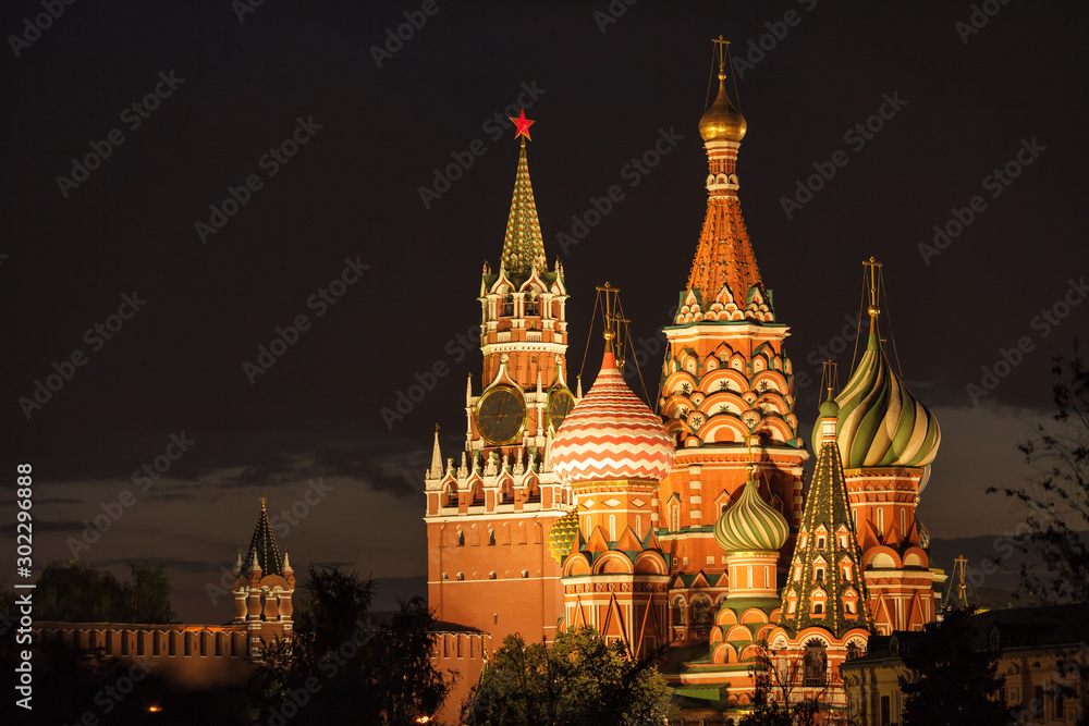 St Basil's Cathedral on the Red Square in Moscow, Russia. Moscow Kremlin is one of the main travel attractions in Europe. Beautiful panorama of Moscow centre. UNESCO site.