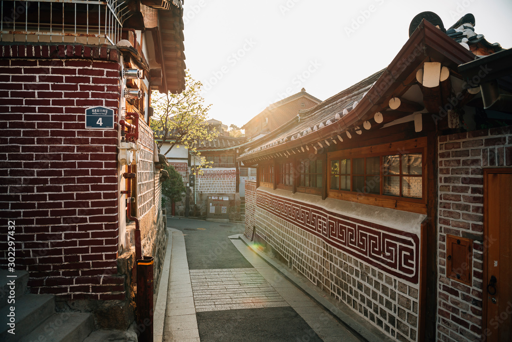 Traditional houses in Bukchon Hanok Village at sunrise, Seoul, South ...
