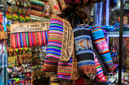 Colorful purses at a Tarabuco traditional market, Bolivia © pwollinga