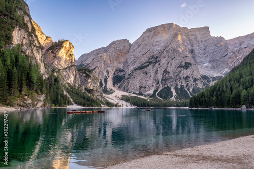 Peaceful alpine lake Braies in Dolomites mountains. Lago di Braies, Italy, Europe. Scenic image of Italian Alps.