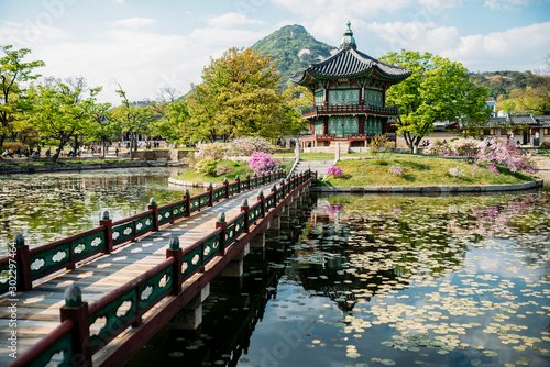 View of pond and pagoda, Gyeongbokgung, Seoul, South Korea photo