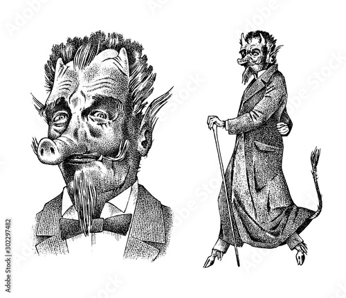 Damn or demon with horns and pork nose in vintage style. Mystical imaginary character in retro old style. Engraved Fantasy creature. Hand drawn vector sketch.