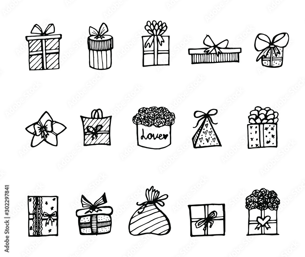 Naklejka premium Set of vector outline gift icons. Black and white line boxes with ribbons, isolated illustration. Trendy design elements for holiday greeting card, gift shop, voucher, flyer, banner. Isolated vector