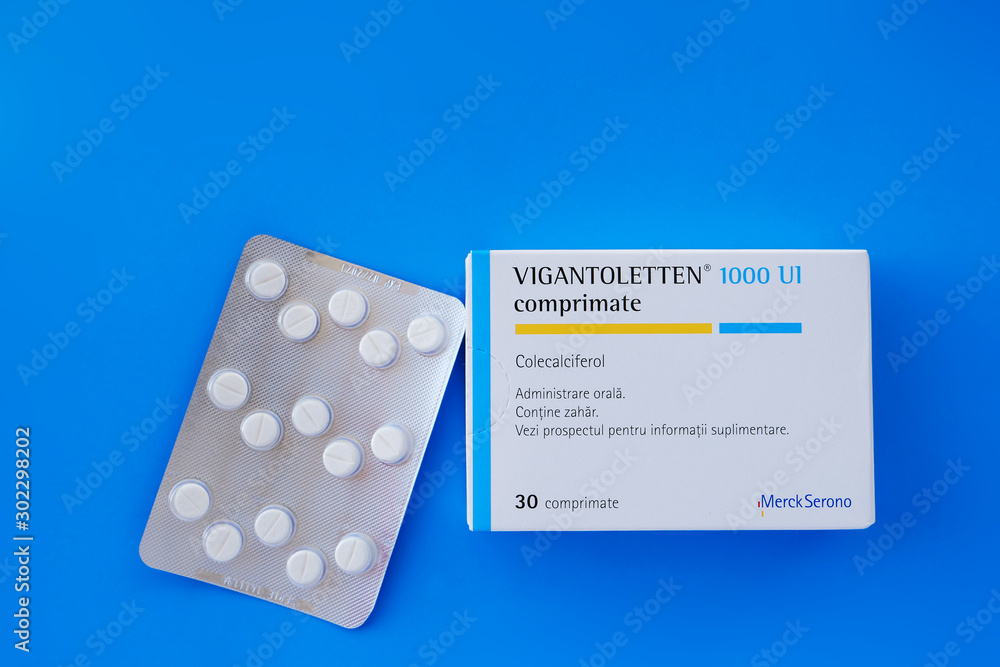 Vigantoletten 1000 UI blister and package. Also known as Colecalciferol, it  is used to treat and prevent vitamin D deficiency and associated diseases  in Cluj-Napoca, Romania on September 30, 2019. Stock Photo