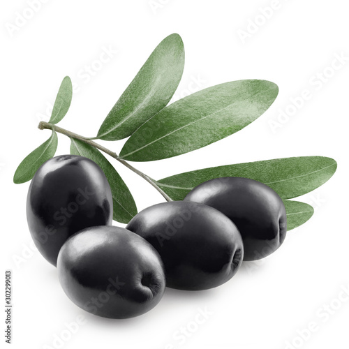 Delicious black olives with leaves  isolated on white background