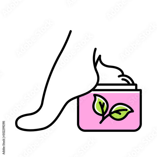 Foot cream jar color icon. Moisturizing, soothing lotion. Hydrating skincare product. Nourishing, healing footcare. Paraben free. Dry skin solution. Organic cosmetics. Isolated vector illustration