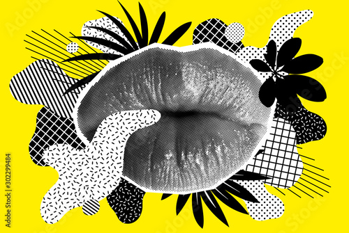 Halftone vrouw lippen op lichte achtergrond met vormen
