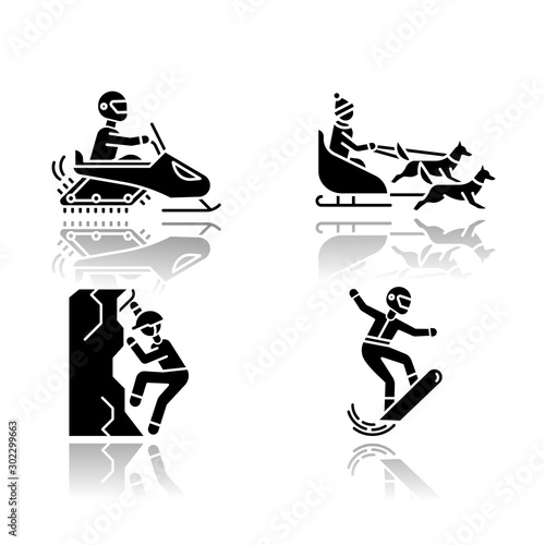 Extreme winter activity drop shadow black glyph icons set. Risky sport, adventure. Cold season outdoor leisure. Snowboarding, ice climbing, snowmobiling and dog sledding. Isolated vector illustrations