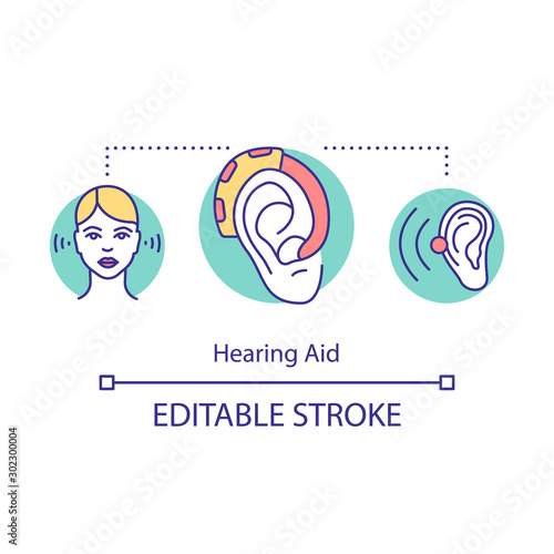 Hearing aid concept icon. Auditory prosthesis. Listening devices. Medical care. Heathcare. Biotechnology idea thin line illustration. Vector isolated outline drawing. Editable stroke