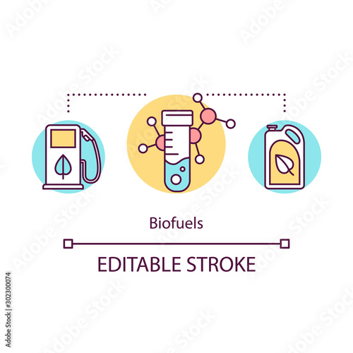 Biofuels concept icon. Renewable energy. Bioengineering. Ethanol fuel. Biodiesel production and sale. Chemical engineering idea thin line illustration. Vector isolated outline drawing. Editable stroke