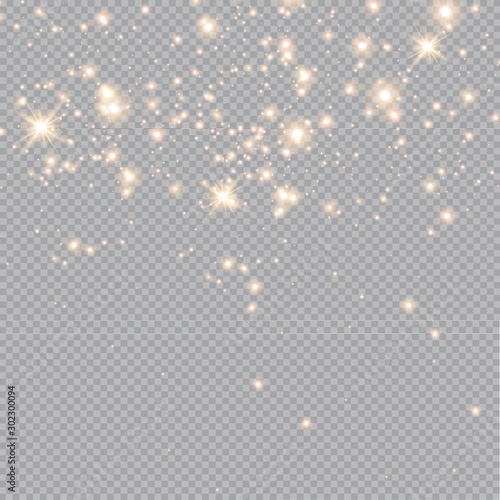 White sparks and golden stars glitter special light effect. Vector sparkles on transparent background. Christmas abstract pattern.