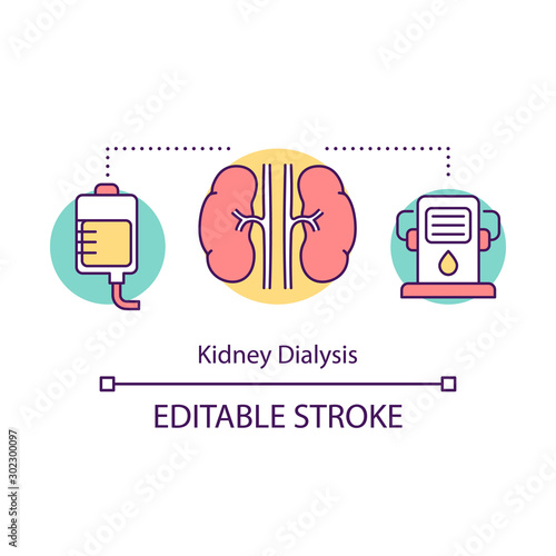 Kidney dialysis concept icon. Haemodialysis. Medical treatment. Artificial kidney machine. Filtering blood. Bioengineering idea thin line illustration. Vector isolated outline drawing. Editable stroke