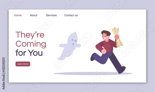 They coming for you landing page vector template. Thematic logic game website interface idea with flat illustrations. Horror quest room homepage layout. Mystery web banner  webpage cartoon concept