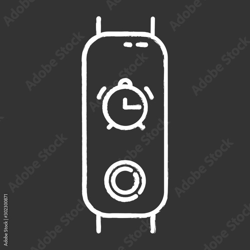 Fitness tracker with alarm clock function chalk icon. Wellness device with waking up option. Active lifestyle gadget with ringing timepiece, wakeup reminder. Isolated vector chalkboard illustration