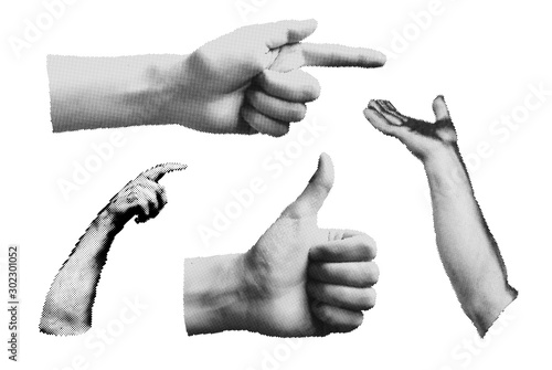 Set Of Halftone Human Hands in different poses