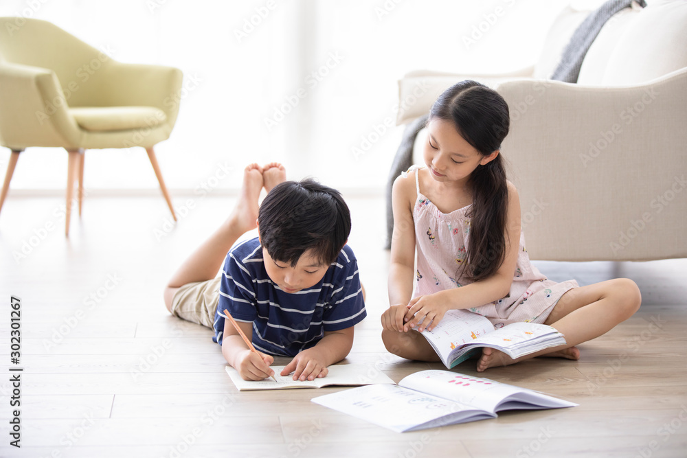 Happy Chinese sibling studying in living room Happy Chinese sibling studying in living room