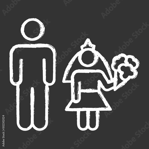 Child marriage chalk icons set. Girl and man, groom and bride. Forcible wedlock. Compulsory marriage. Female, male rights. Relationship with no consent. Isolated vector chalkboard illustrations