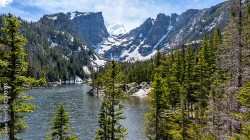 Spring Mountains - A panoramic Spring view of Hallett Peak and Flattop Mountain towering at shore of Dream Lake, Rocky Mountain National Park, Colorado, USA. photo