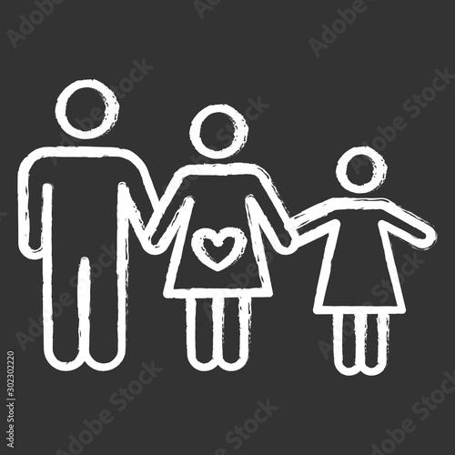 Family planning chalk icon. Husband and wife raising child. Loving mother and father with happy daughter. Healthy spousal relationship. Kid with parents. Isolated vector chalkboard illustration