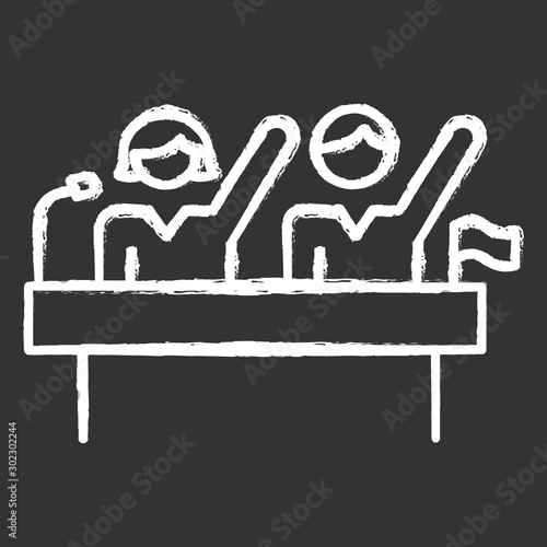 Politic rights gender equality chalk icon. Female and male candidates. Goverment rally, voting campaign. Woman and man human rights. Public speaking. Isolated vector chalkboard illustration