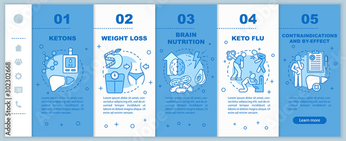 Keto diet onboarding mobile web pages template. Responsive smartphone website interface idea with linear icons. Ketogenic eating and healthy nutrition. Webpage walkthrough step screens. Color concept