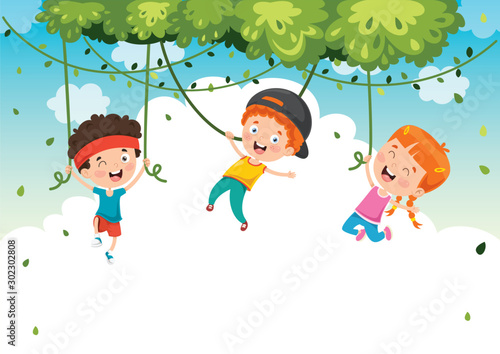 Happy Kids Swinging With Root Rope In Jungle