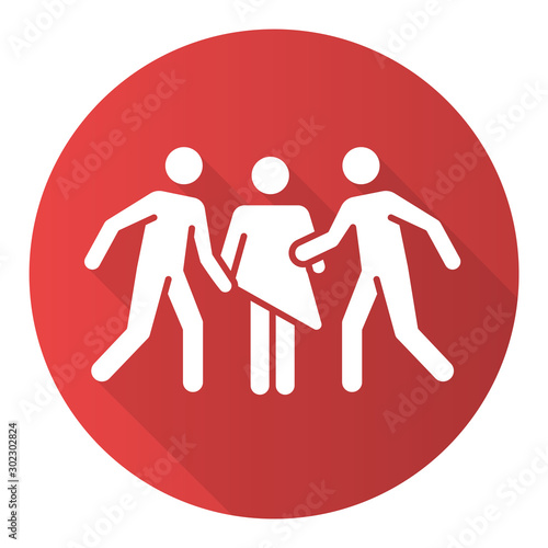 Gang rape red flat design long shadow glyph icon. Woman abuse. Violent behavior of rapist. Sexual harassment by group. Victim of assault. Unwanted sexual activity. Vector silhouette illustration
