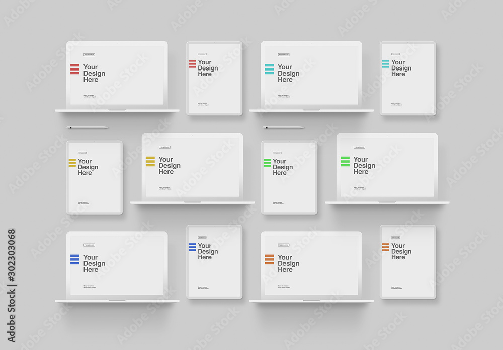 White Laptop and Tablet Grid Mockup Stock Template Adobe Stock