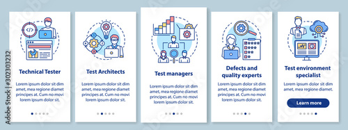 Software testing roles onboarding mobile app page screen with linear concepts. Qulity control experts walkthrough steps graphic instructions. UX, UI, GUI vector template with illustrations