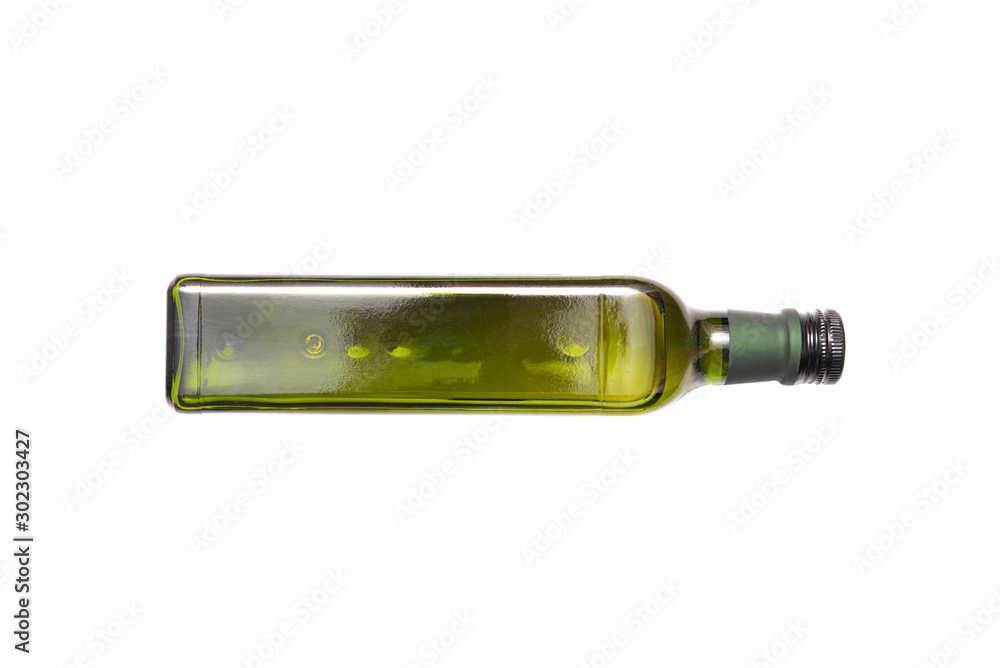Fototapeta premium Olive cooking oil green bottle isolated on white background.
