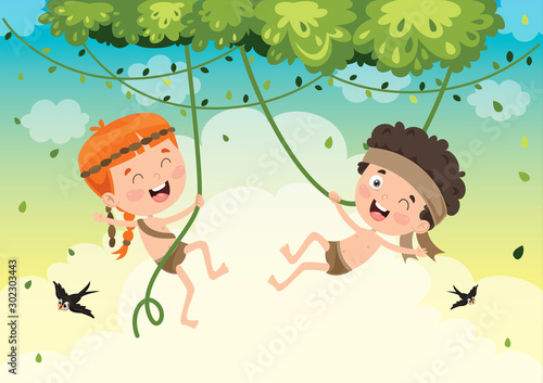 Happy Kids Swinging With Root Rope In Jungle