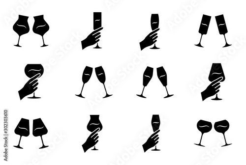 Wine service glyph icons set. Clinking glasses of wine and champagne. Hands holding wineglasses. Celebration, party. Wedding. Tasting, degustation. Silhouette symbols. Vector isolated illustration