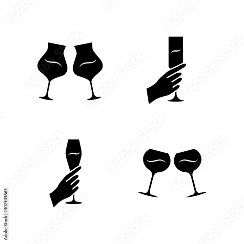 Wine service glyph icons set. Clinking glasses of wine. Hands holding alcohol beverages. Celebration, party. Wedding. Glassware, winery. Cheers. Silhouette symbols. Vector isolated illustration