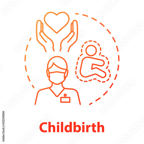 Childbirth red gradient concept icon. Obstetrician idea thin line illustration. Pregnancy, motherhood, doctor. Birthing care, healthcare. Maternity hospital. Vector isolated outline drawing