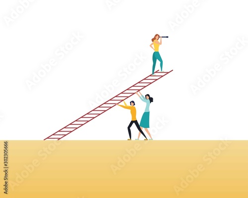 Women emancipation, equality and feminism in business corporate culture vector concept. Symbol of confidence, teamwork, success and achievement. Eps10 illustration.