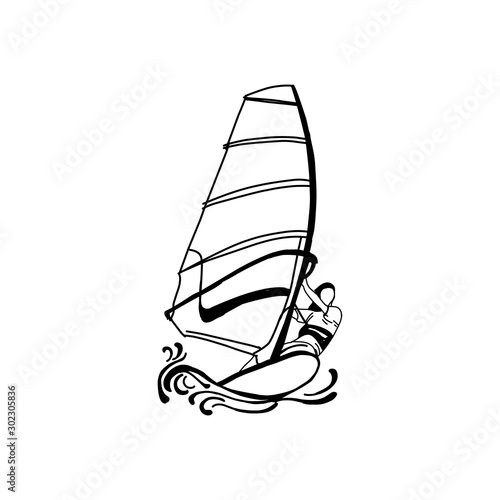 Windsurfing and windsurfer on waves, Hand drawn sketch,