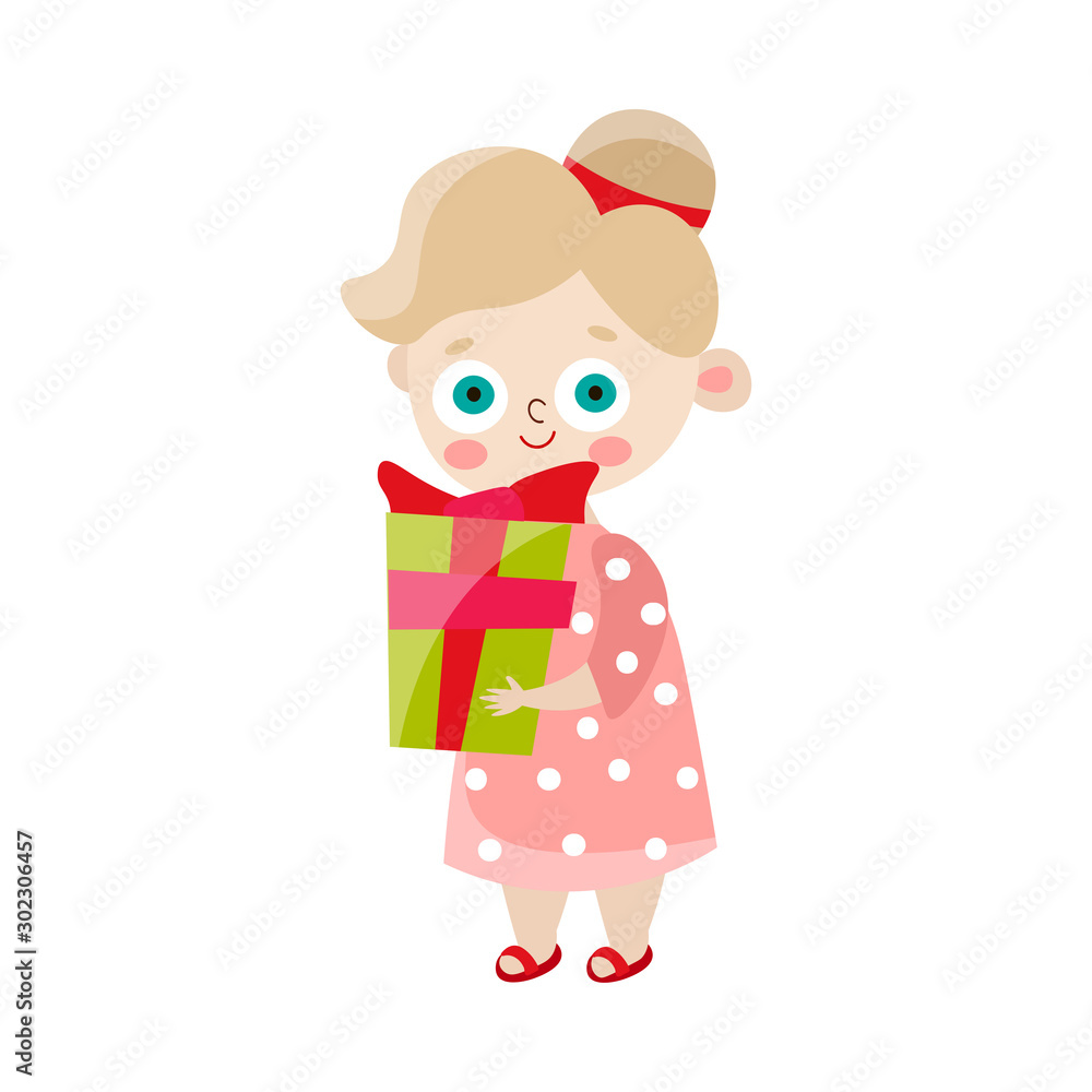 Cute happy light-haired girl in a pink dress holding a gift box in a pink dress. Vector illustration in flat cartoon style. Cute happy light-haired girl in a pink dress holding a gift box in a pink dress. Vector illustration in flat cartoon style.