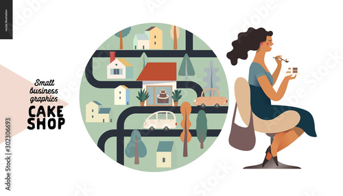 Cake shop, cakes on demand - small business graphics - location icon -modern flat vector concept illustrations - a round badge with a map and a shop location, a customer tasting cake - set
