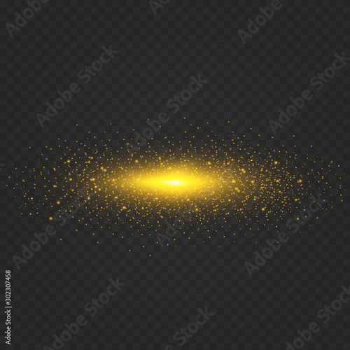 Luminous line with sparks on a black background, light effect, golden color. Vector illustration for stocks. Collection effect light gold line png. 