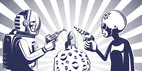 Alien with phaser against an astronaut in spacesuit with laser gun. Retro poster. Vector illustration.