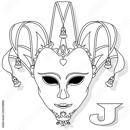 Face mask joker style. Isolated vector illustration on white background. Coloring adult page.