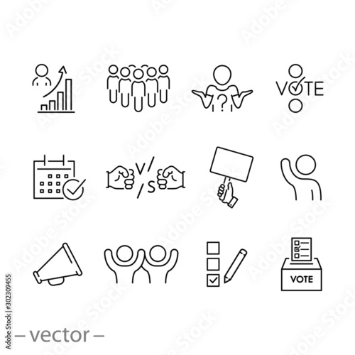 vote poll icon set, government congress election, democracy concept,  outline politician thin line web symbols on white background - editable stroke vector illustration eps 10