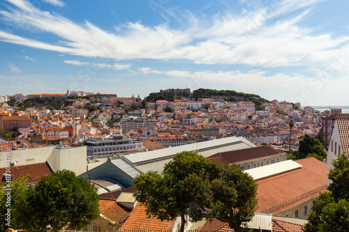 Panoramic view of the Convento da Graca, Sao Jorge Castle (Saint George Castle, Castelo de Sao Jorge) and Alfama district in downtown Lisbon. Viewed from Miradouro de Sao Pedro de Alcantara viewpoint.