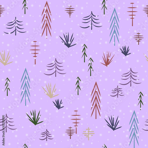 Seamless New Year and Merry Christmas pattern. Children's drawing of trees in snow. Vector pattern in trendy soft pastel colors.