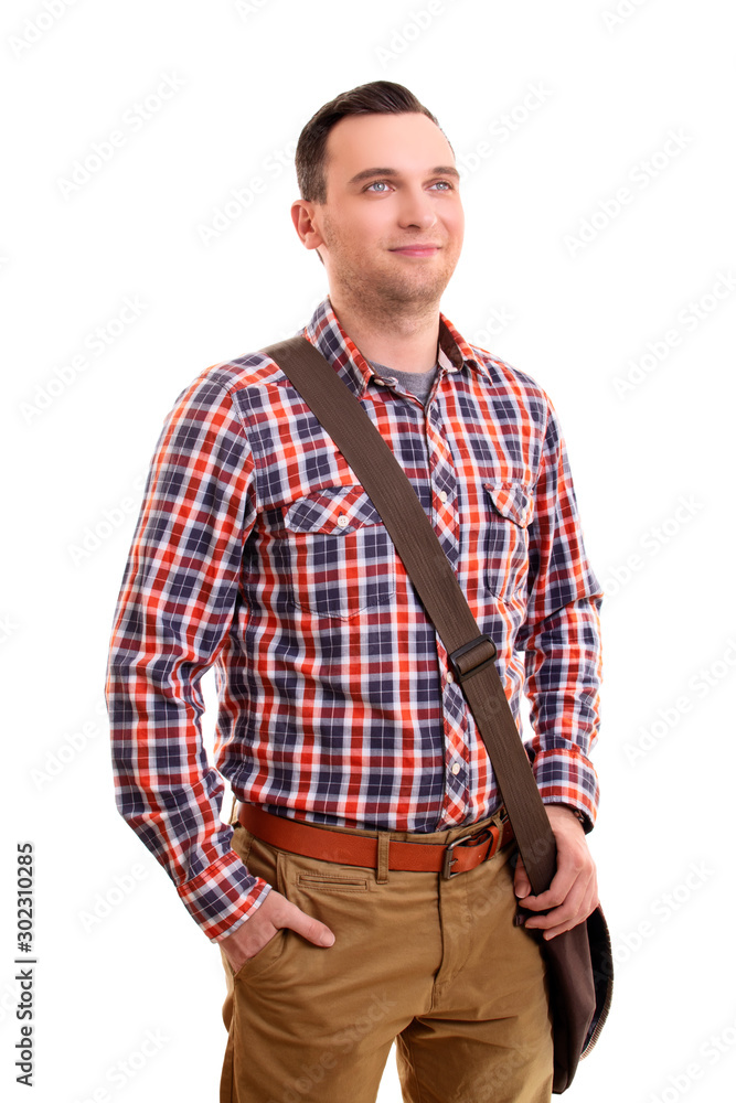 Casual man in plaid shirt and a shoulder bag Casual man in plaid shirt and a shoulder bag